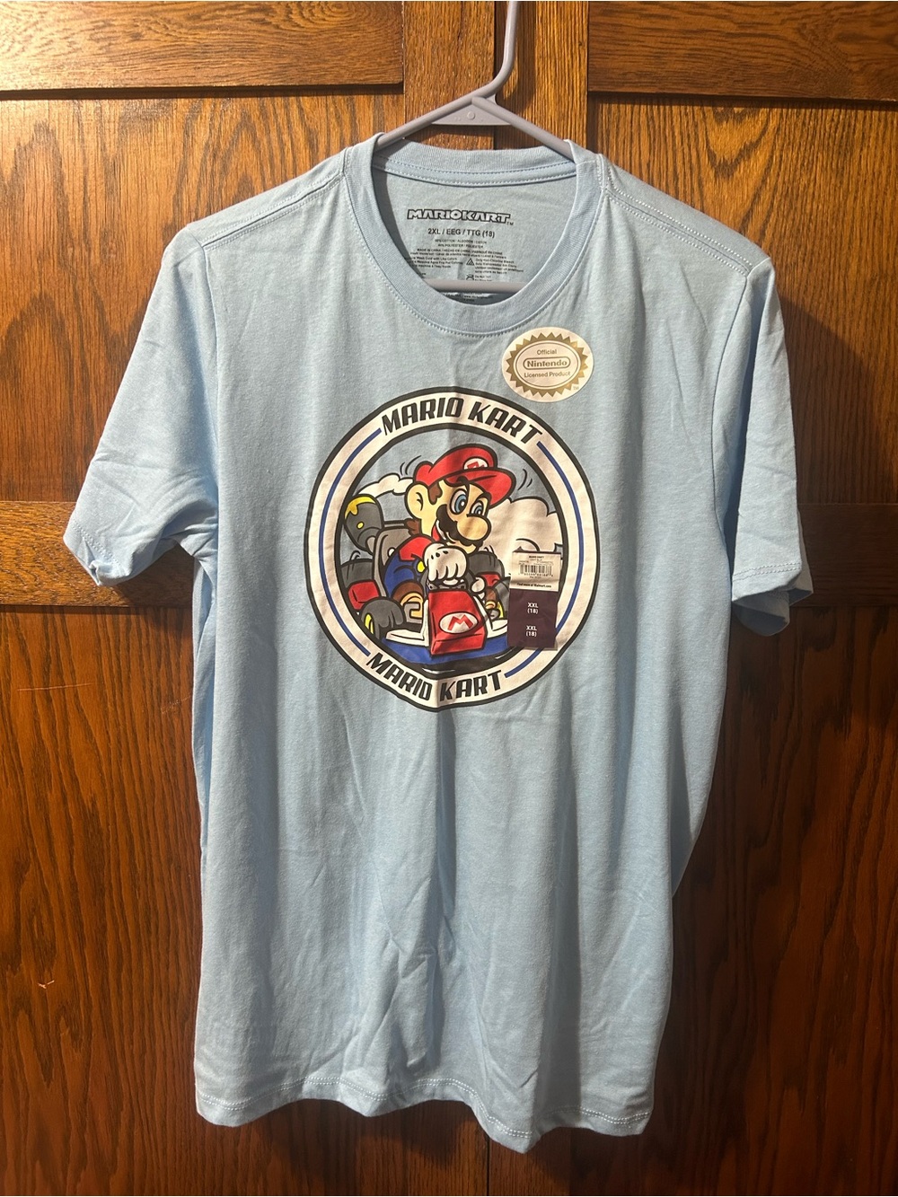 Nintendo Light Blue Mario Kart Tee with Red & Yellow Graphic